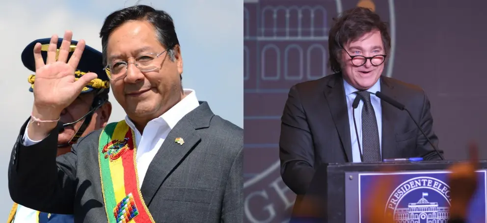 Luis Arce (izq) y Javier Milei (der)