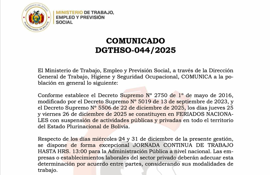 Comunicado del Ministerio de Trabajo.