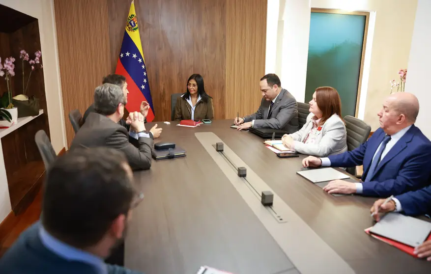 Delcy Rodr&iacute;guez en reuni&oacute;n con representantes de las petroleras europeas.