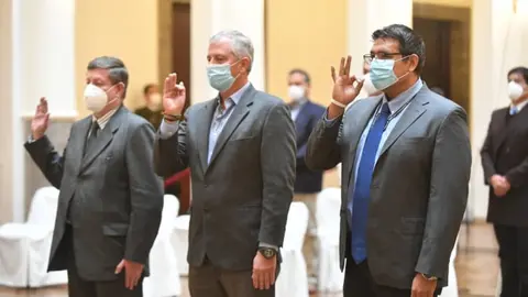 Branko Marinkovic, Gonzalo Quiroga y &Aacute;lvaro Tejerina como nuevos ministros de Econom&iacute;a, de Planificaci&oacute;n del Desarrollo y de Trabajo, respectivamente Foto: ABI