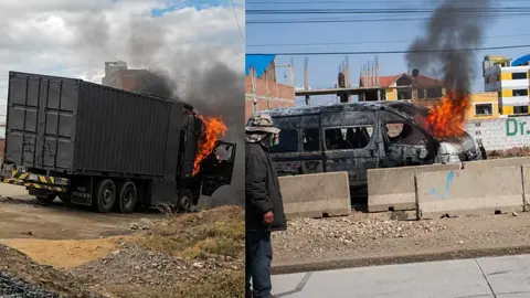 Incendian cami&oacute;n militar y minibus del Ministerio de Gobierno en operaci&oacute;n Corredor Humanitario (Foto: RRSS)