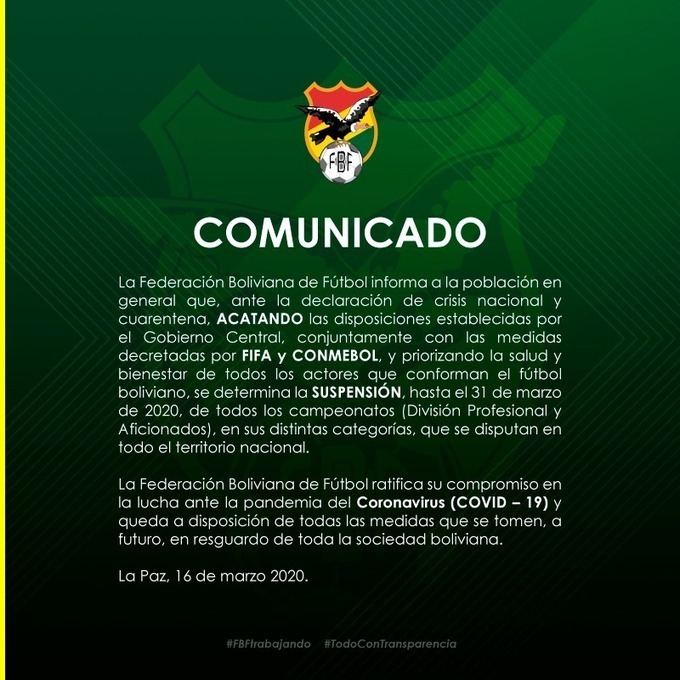 Comunicado suspension futbol coronavirus
